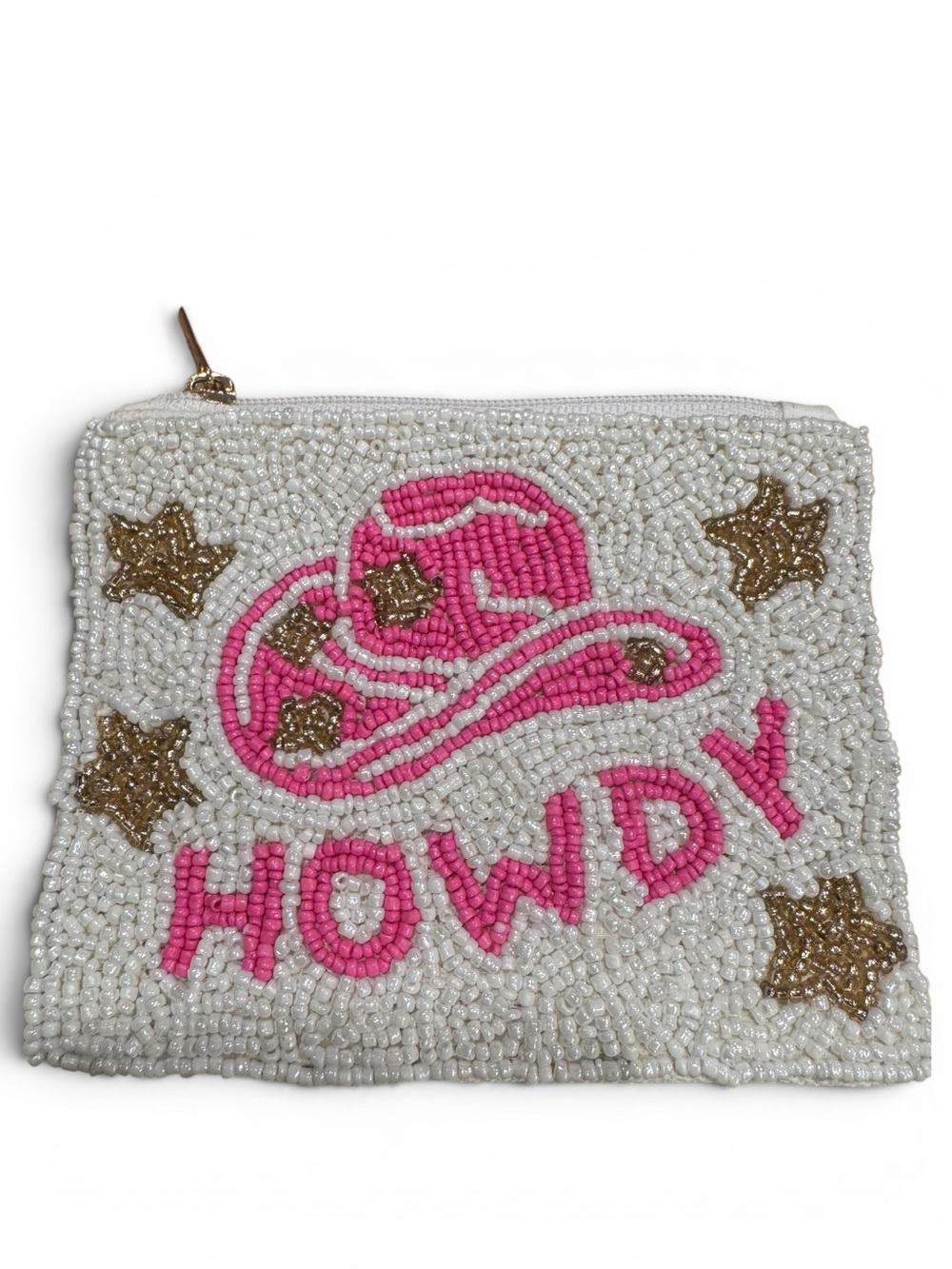 Pink Cowboy Hat “Howdy” Seed Bead Coin Purse Zip Pouch